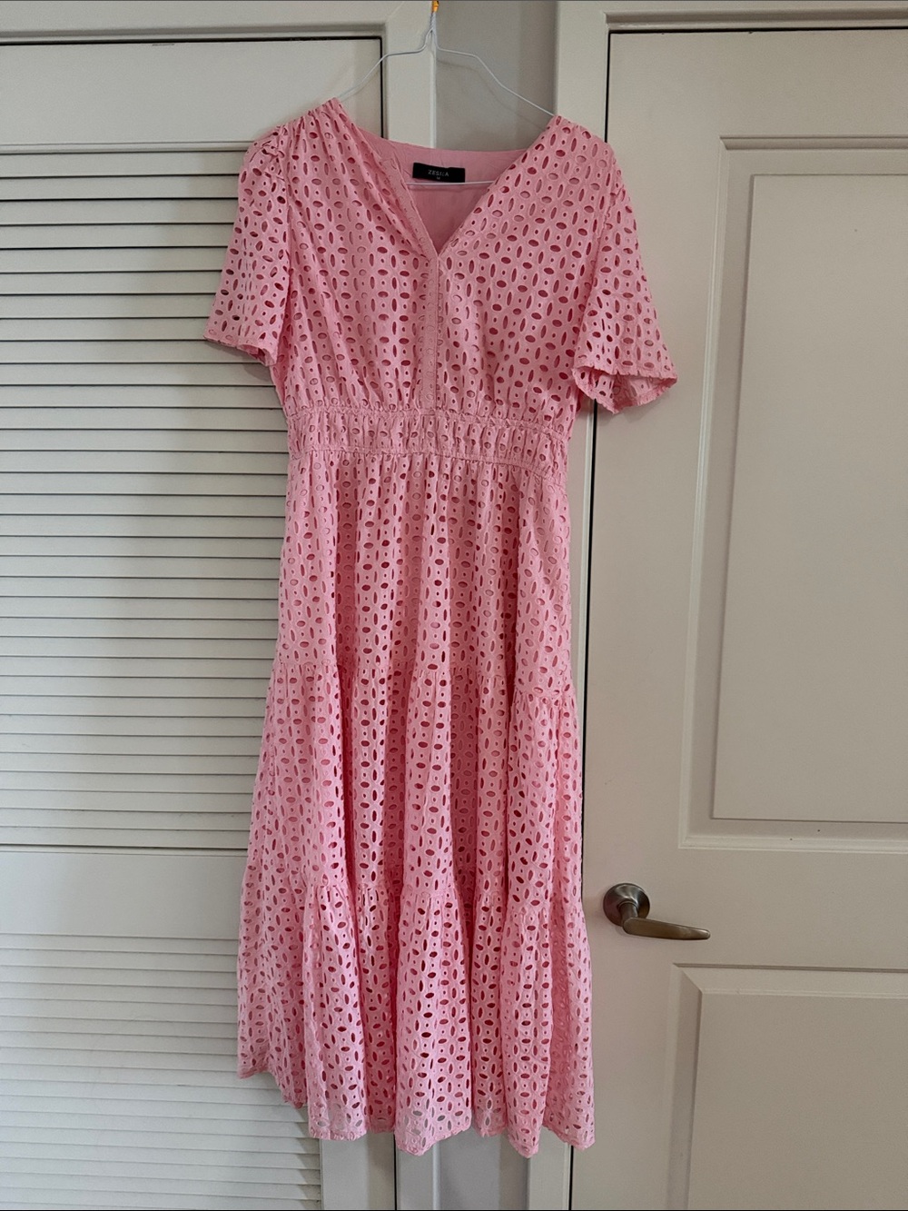 Eyelet Pink Midi Dress with V-Neck by Unbranded